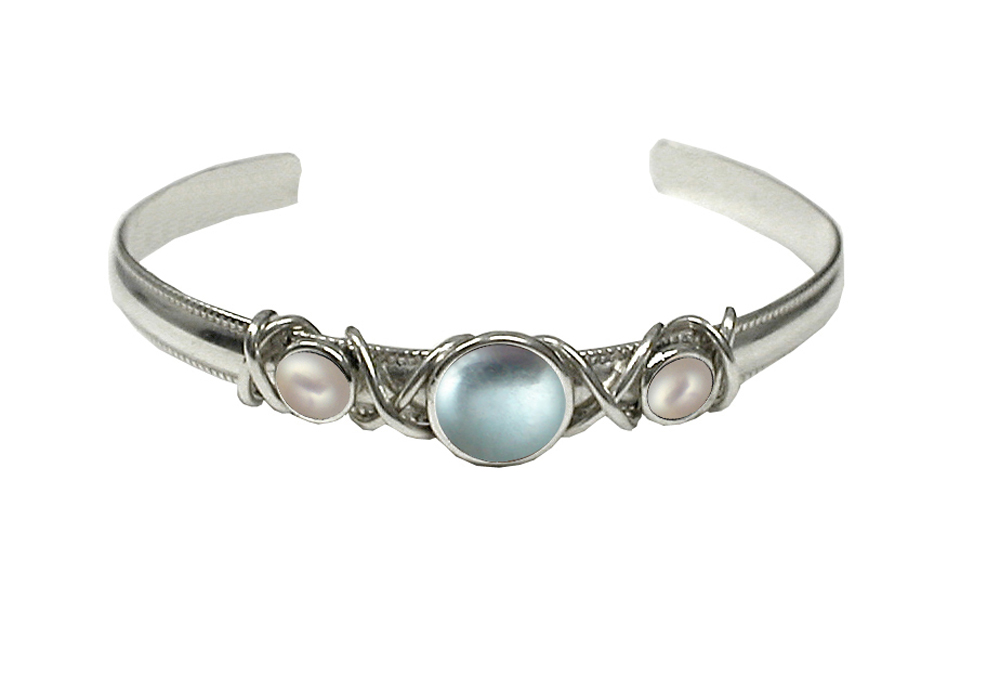 Sterling Silver Hand Made Cuff Bracelet With Blue Topaz And Cultured Freshwater Pearl